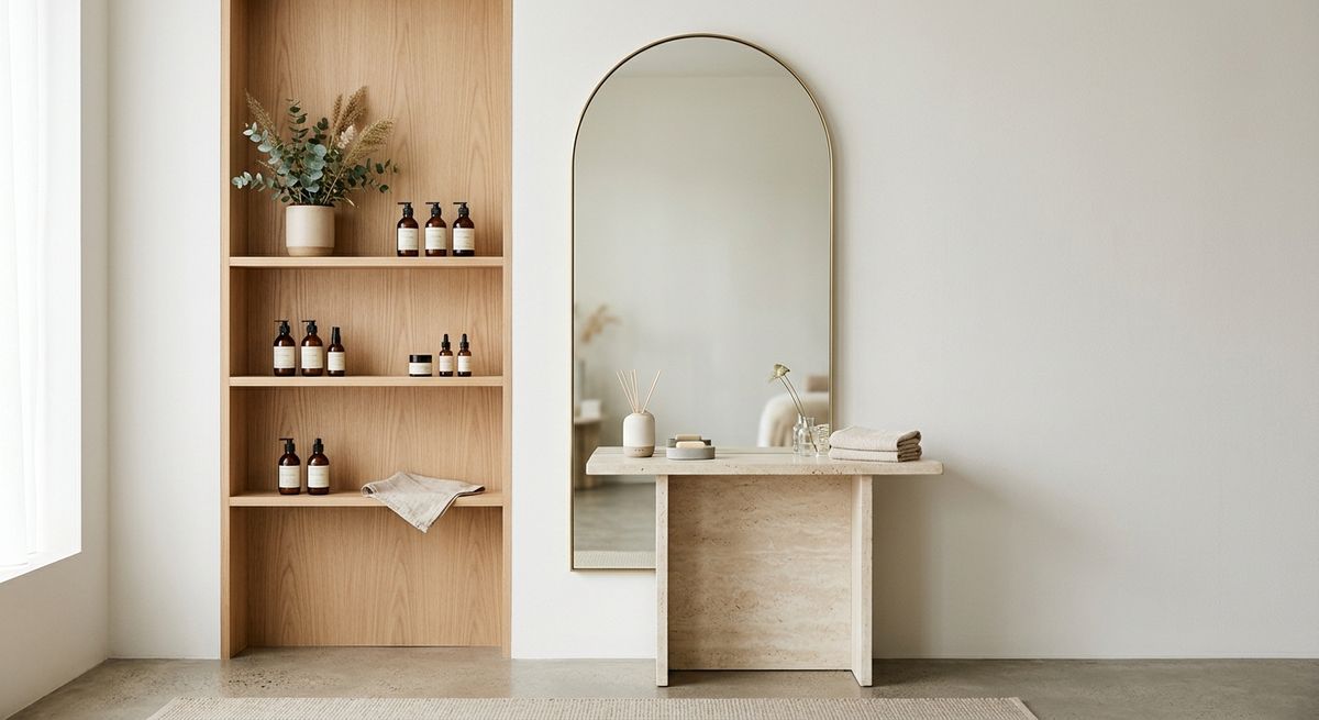 Skin studio reception corner with oak shelving, amber bottles, and an arched mirror
