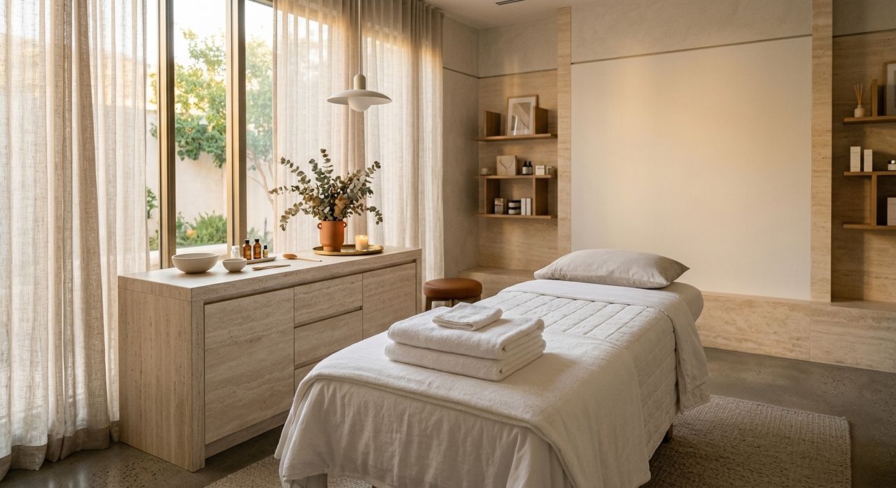 Sunlit spa treatment room with a made-up bed, folded towels, and eucalyptus by the window