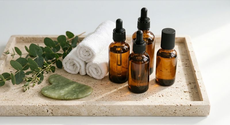 Travertine tray with amber serum bottles, a gua sha stone, rolled towels, and eucalyptus